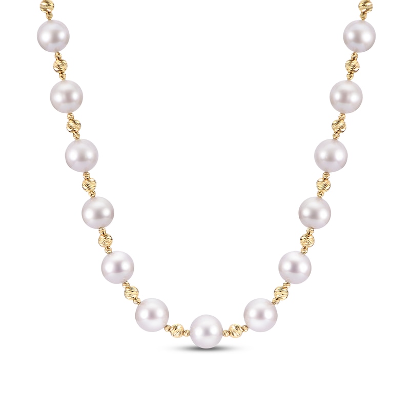 Main Image 1 of Diamond-Cut Akoya Cultured Pearl Necklace 14K Yellow Gold