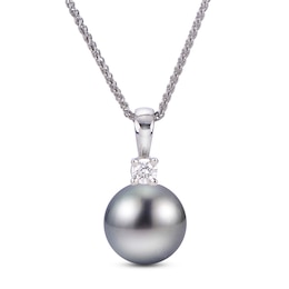 Tahitian Cultured Pearl Necklace 1/20 ct tw Diamonds 14K White Gold