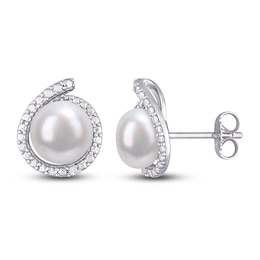 Freshwater Cultured Pearl Stud Earrings Diamond Accent Sterling Silver