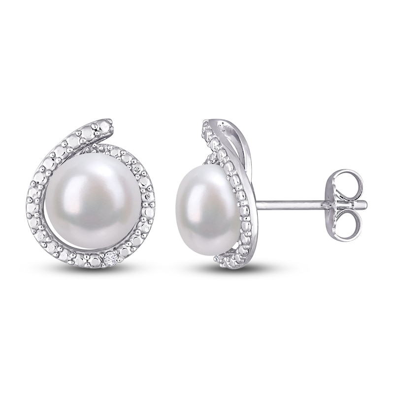 Main Image 1 of Freshwater Cultured Pearl Stud Earrings Diamond Accent Sterling Silver