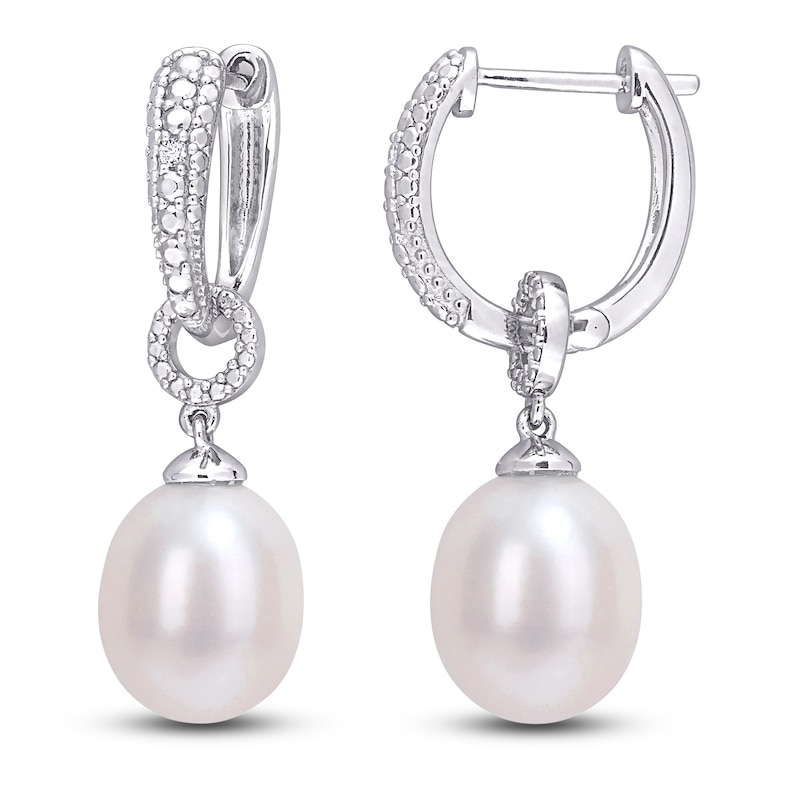 Main Image 1 of Freshwater Cultured Pearl Drop Earrings Diamond Accent Sterling Silver