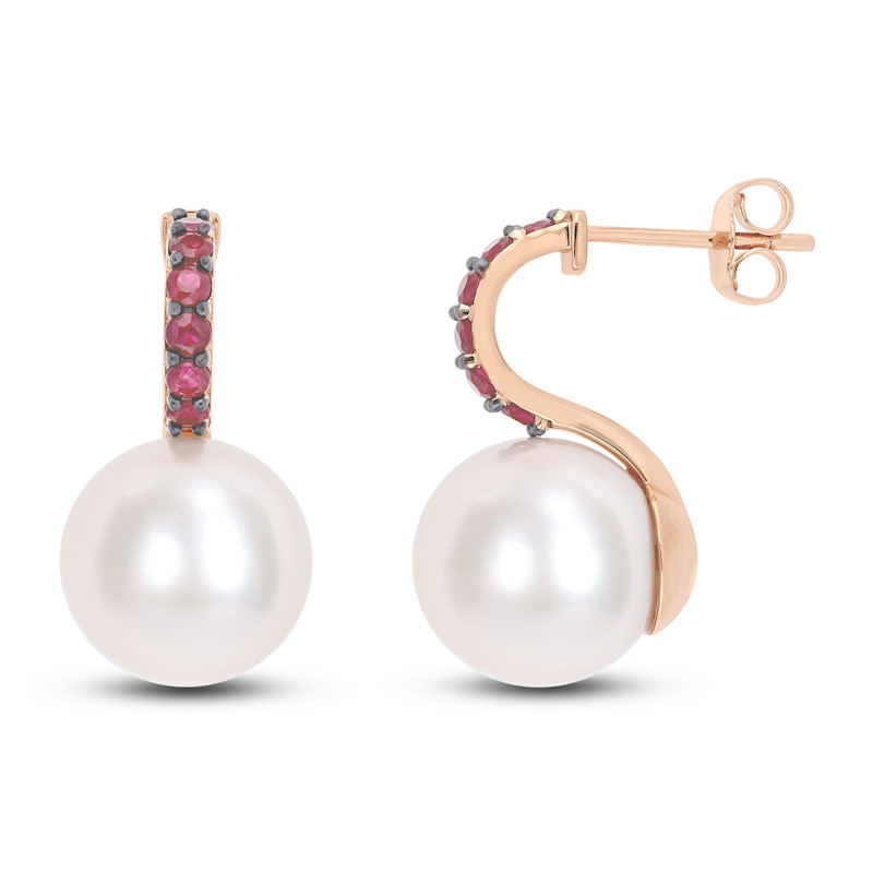 Freshwater Cultured Pearl & Natural Ruby Drop Earrings 10K Rose Gold