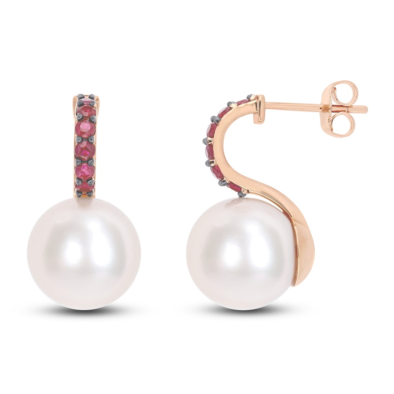 Main Image 1 of Freshwater Cultured Pearl & Natural Ruby Drop Earrings 10K Rose Gold