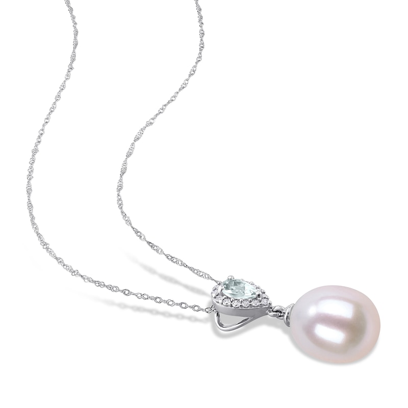 Freshwater Cultured Pearl & Natural Aquamarine Necklace 1/15 ct tw Diamonds 10K White Gold