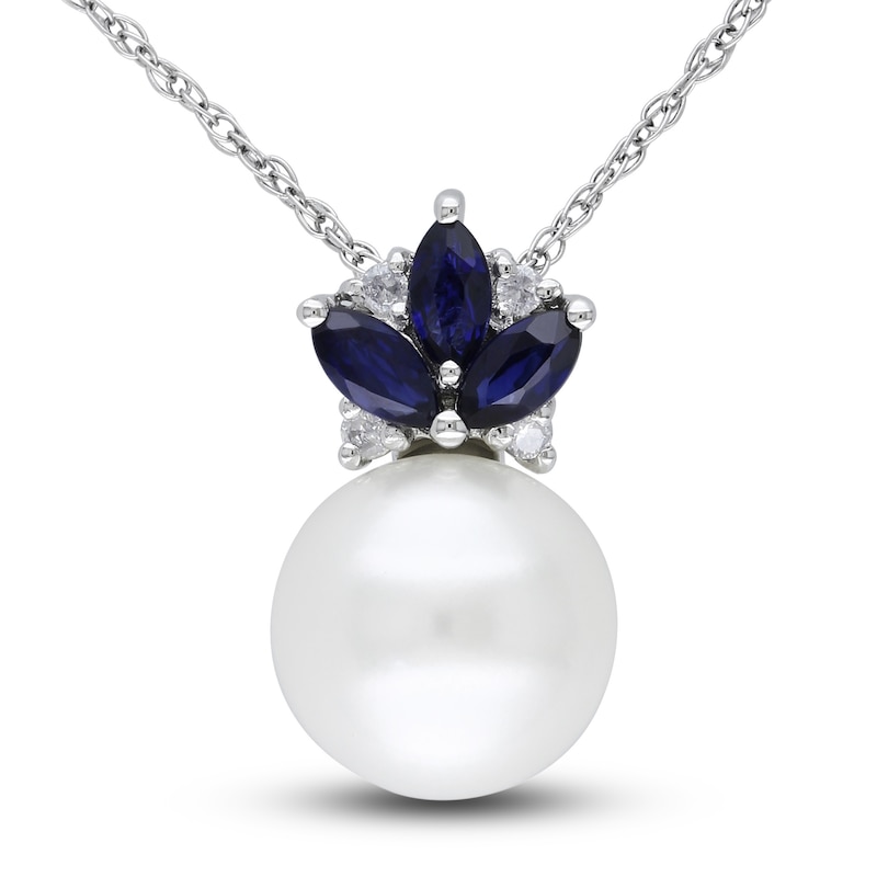 Main Image 1 of Freshwater Cultured Pearl & Natural Blue Sapphire Necklace 10K White Gold