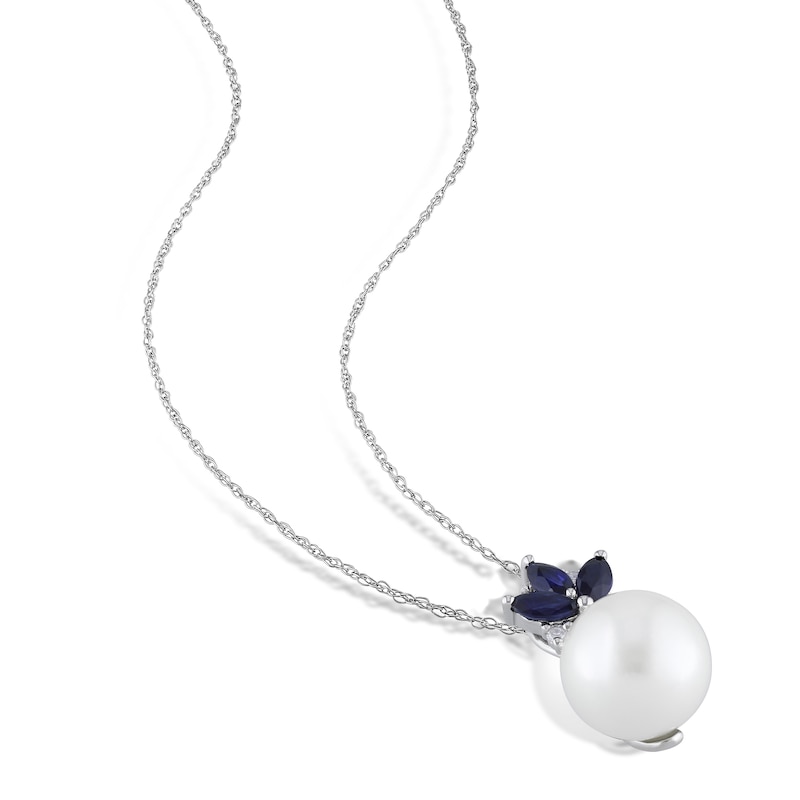 Main Image 3 of Freshwater Cultured Pearl & Natural Blue Sapphire Necklace 10K White Gold
