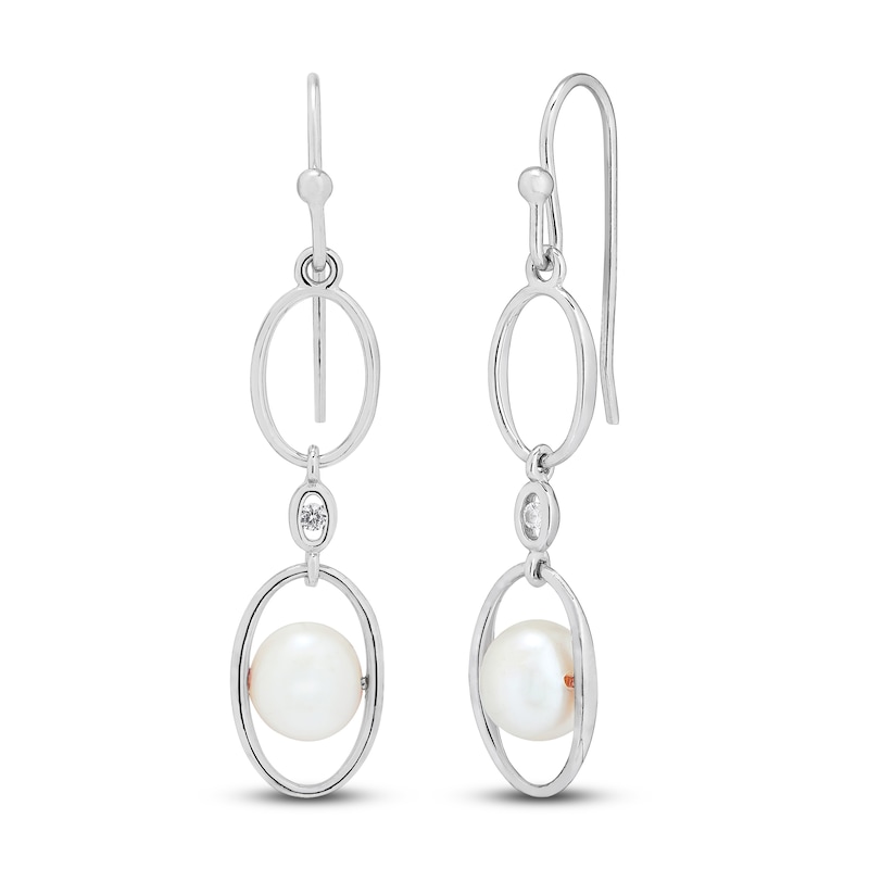 Freshwater Cultured Pearl & White Lab-Created Sapphire Drop Earrings Sterling Silver