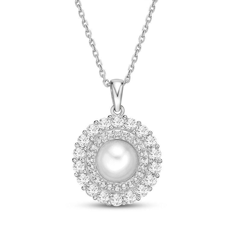 Main Image 1 of Cultured Pearl & Lab-Created White Sapphire Pendant Necklace Sterling Silver 18"