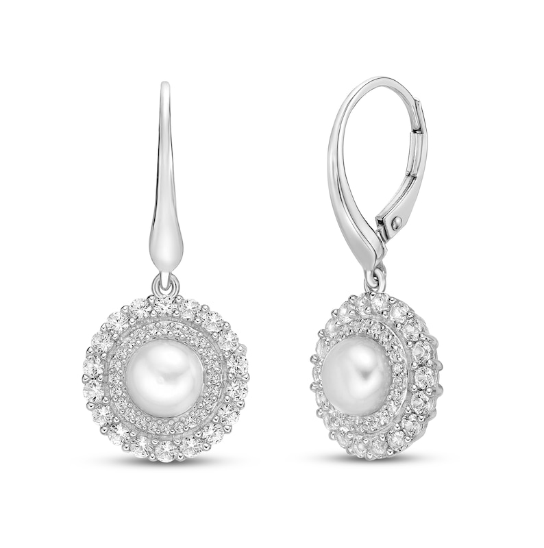 Cultured Pearl & White Lab-Created Sapphire Earrings Sterling Silver