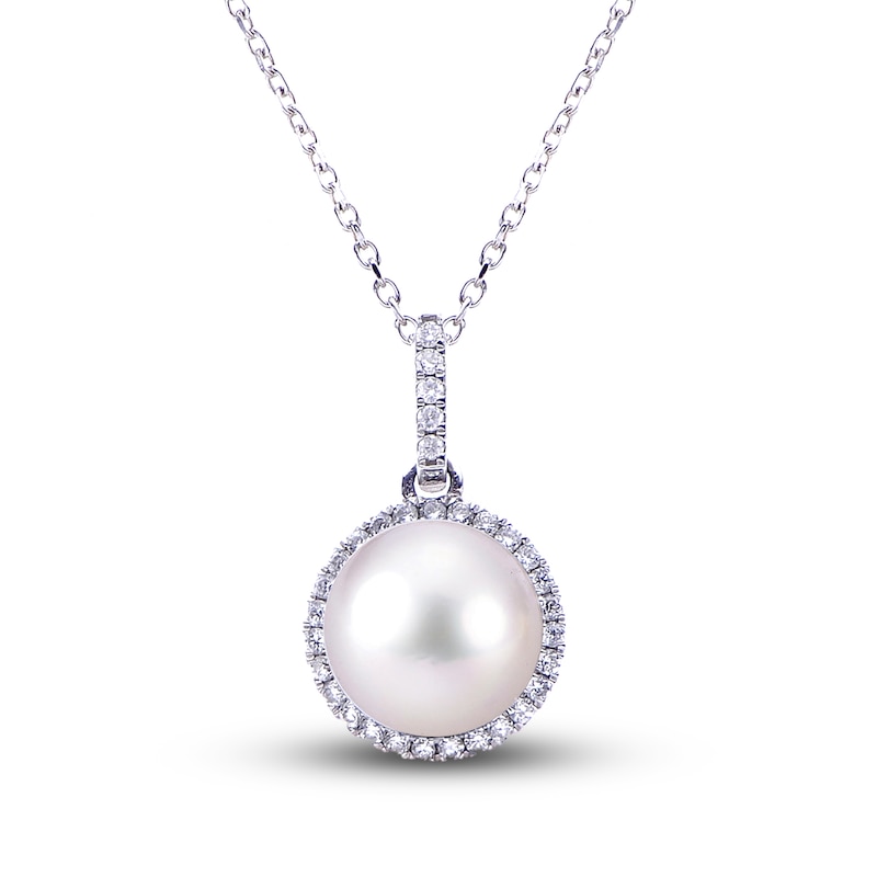 Main Image 1 of Akoya Cultured Pearl Necklace 1/6 ct tw Diamonds 14K White Gold 18"