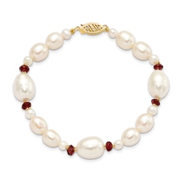 Freshwater Cultured Pearl & Natural Garnet Bead Bracelet 14K Yellow Gold 7.5"
