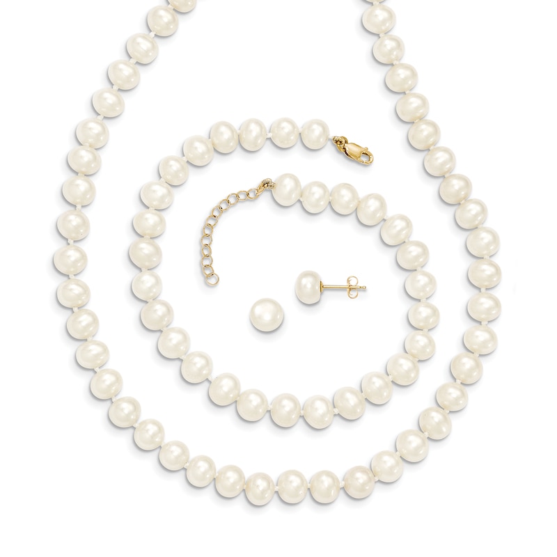 Cultured Freshwater Pearl Necklace/Bracelet/Earrings Set 14K Yellow Gold