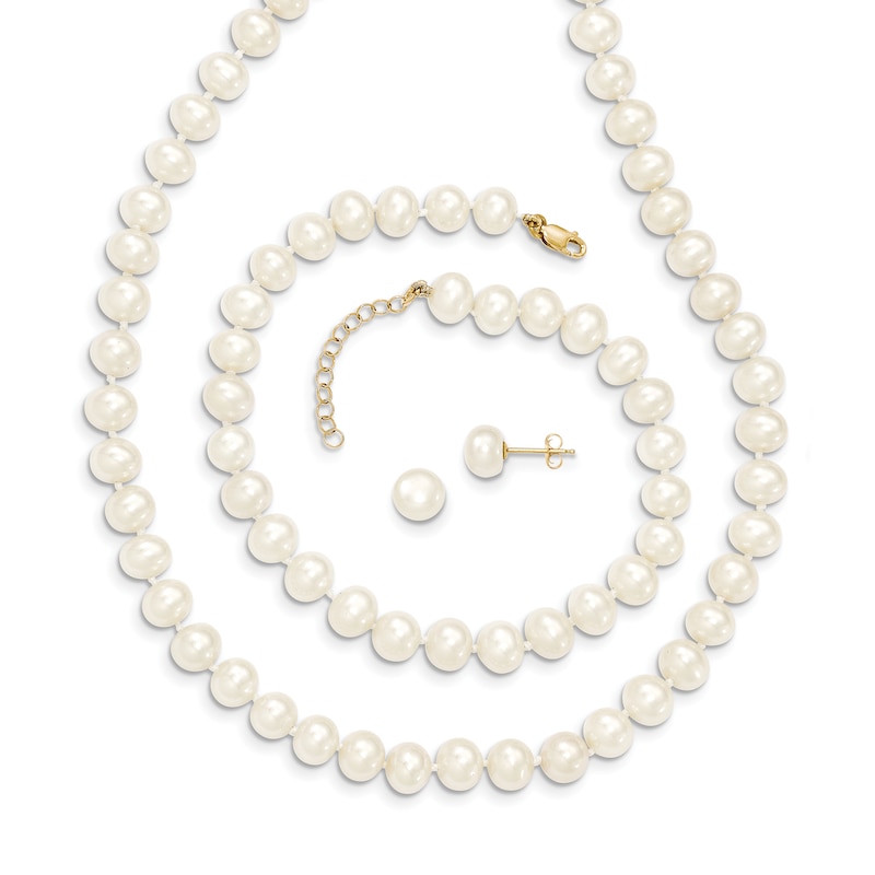 Main Image 1 of Freshwater Cultured Pearl Necklace/Bracelet/Earrings Set 14K Yellow Gold
