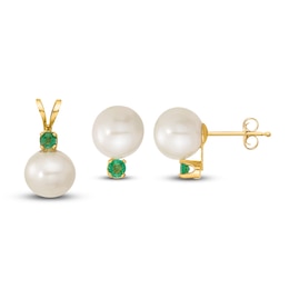 Freshwater Cultured Pearl & Natural Emerald Pendant/Earrings Set 14K Yellow Gold