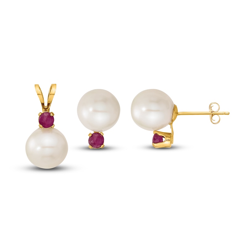 Cultured Freshwater Pearl & Natural Ruby Pendant/Earrings Set 14K Yellow Gold