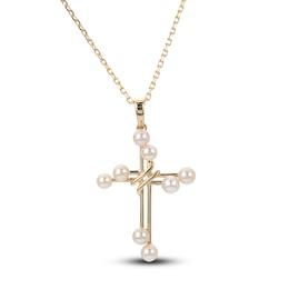 Freshwater Cultured Pearl Cross Necklace 14K Yellow Gold 18"