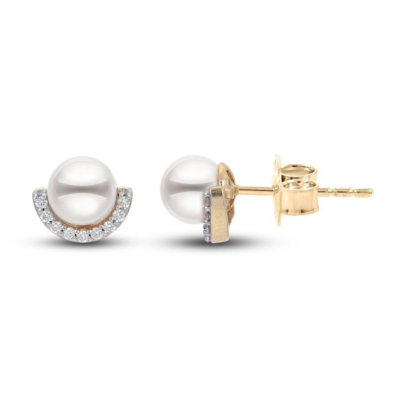 Main Image 1 of Akoya Cultured Pearl Stud Earrings 1/10 ct tw Diamonds 14K Yellow Gold