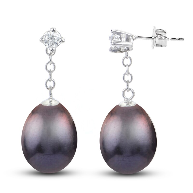 Black Cultured Freshwater Pearl Earrings 1/5 ct tw Diamonds 14K White Gold