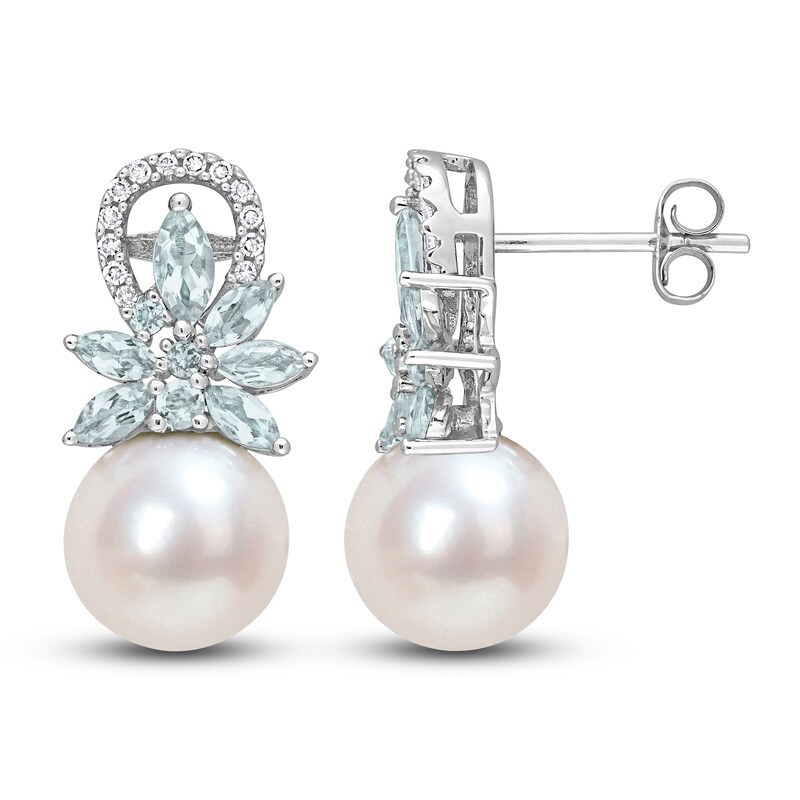 Cultured Freshwater Pearl & Natural Aquamarine Earrings 1/8 ct tw Diamonds 14K White Gold