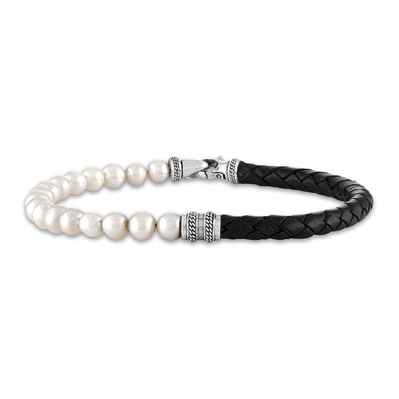 Main Image 1 of 1933 by Esquire Men's Black Leather & Freshwater Cultured Pearl Bracelet Sterling Silver 8.75"