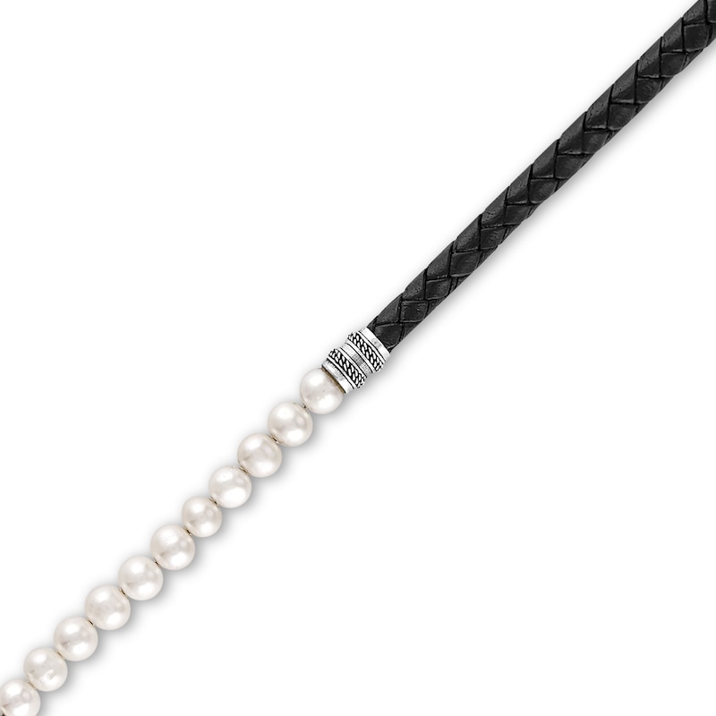 Main Image 2 of 1933 by Esquire Men's Black Leather & Freshwater Cultured Pearl Bracelet Sterling Silver 8.75"