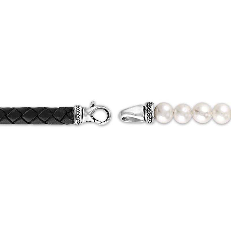 Main Image 3 of 1933 by Esquire Men's Black Leather & Freshwater Cultured Pearl Bracelet Sterling Silver 8.75"