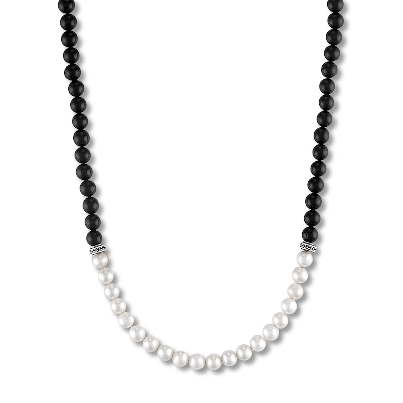 1933 by Esquire Men's Freshwater Cultured Pearl & Natural Onyx Necklace Sterling Silver 28"
