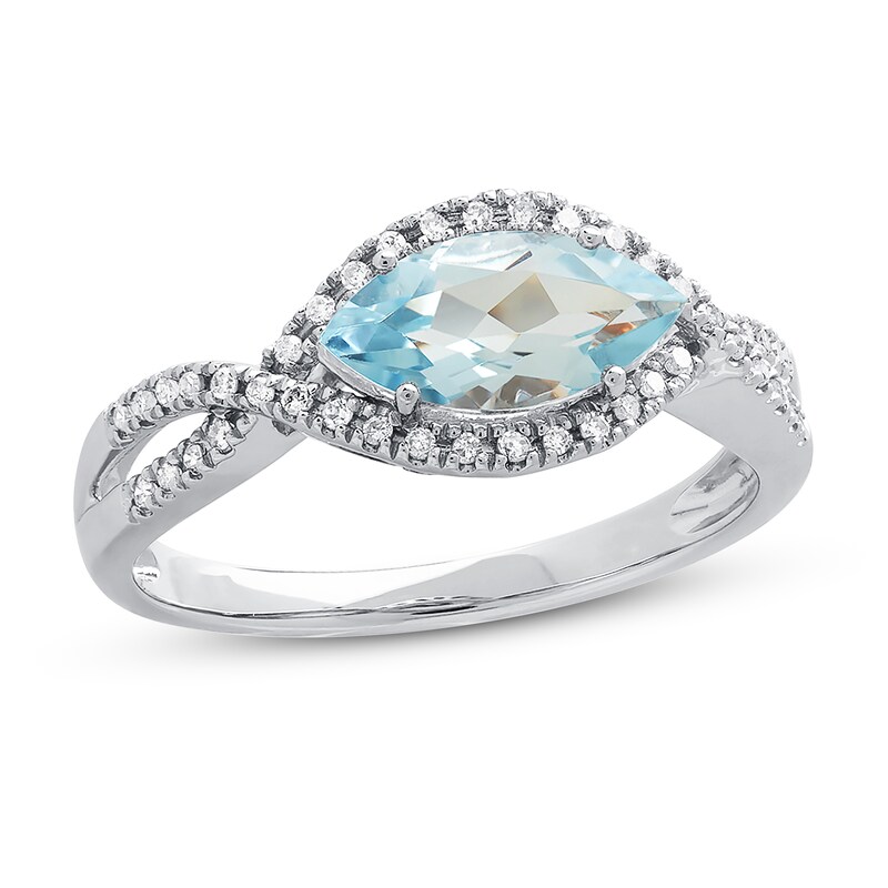 Main Image 1 of Natural Aquamarine & Diamond Ring 1/8 ct tw Navette/Round 10K Two-Tone Gold