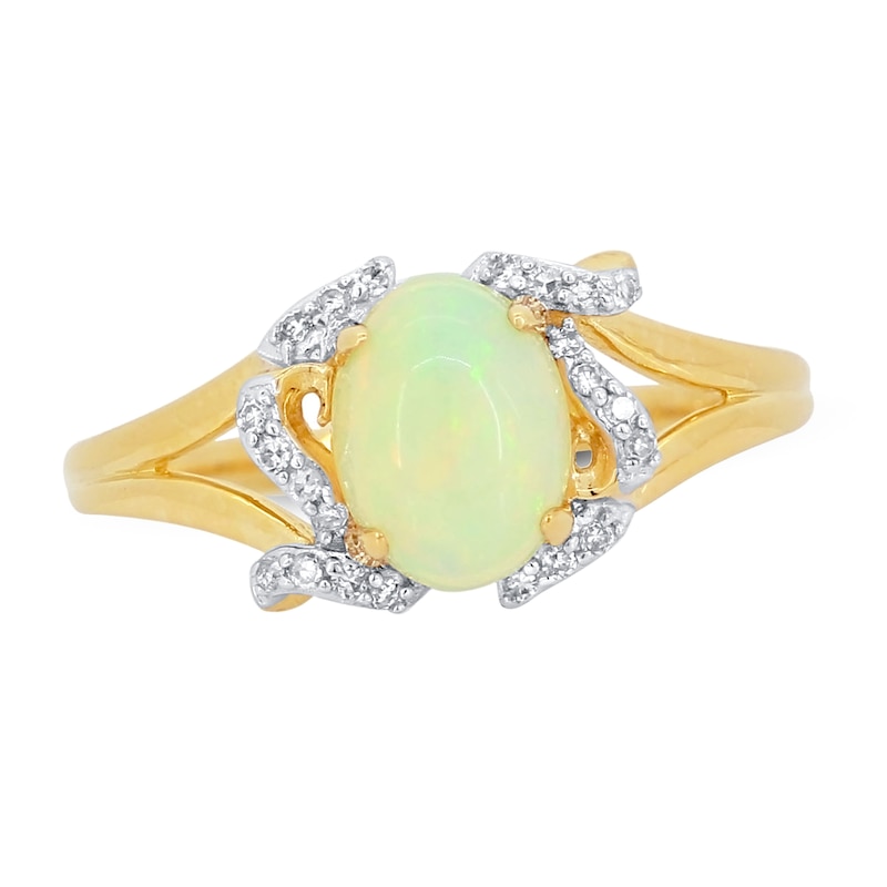 Natural Opal Ring 1/10 ct tw Diamond Round 14K Yellow Gold