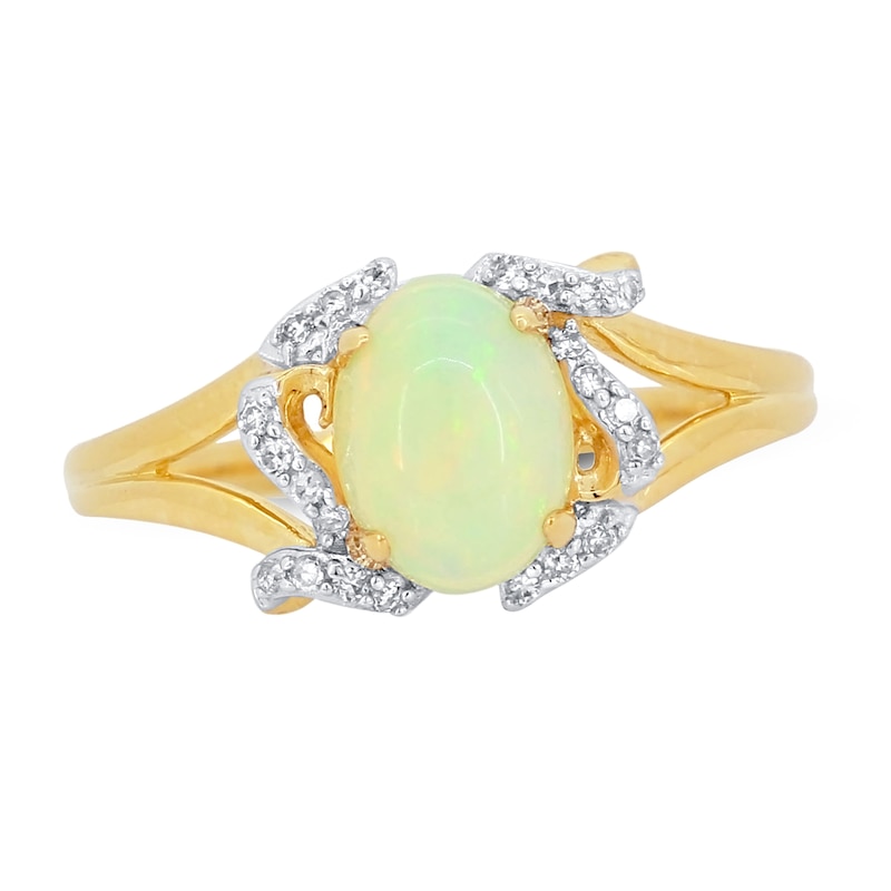 Main Image 1 of Natural Opal Ring 1/10 ct tw Diamond Round 14K Yellow Gold