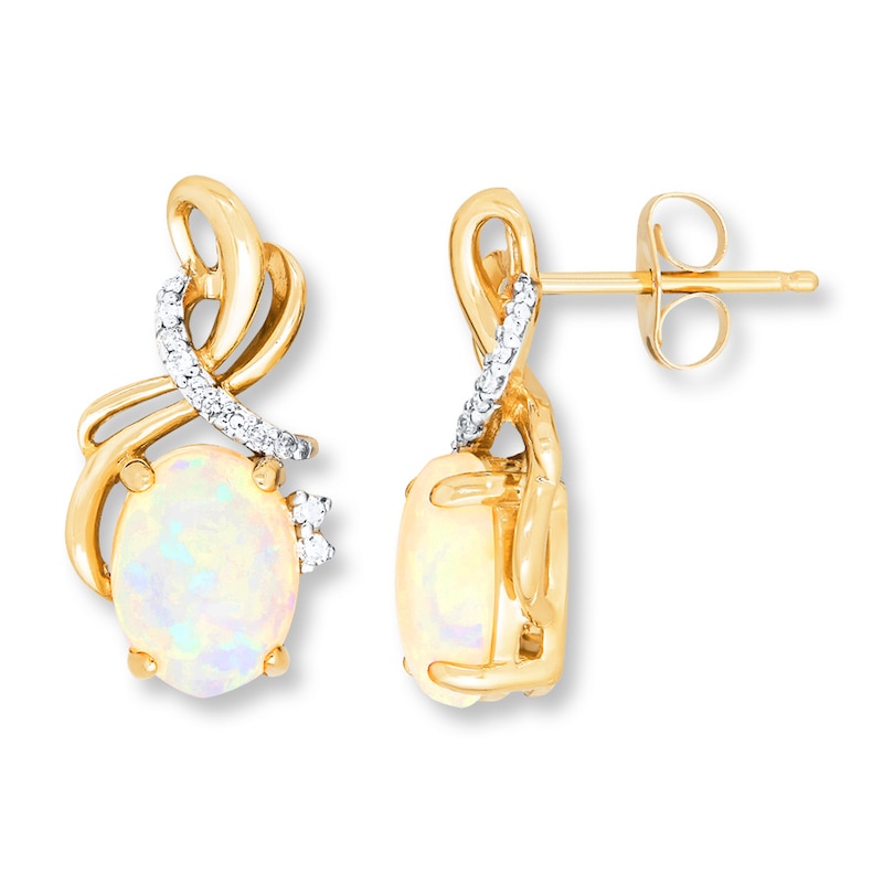 Main Image 1 of Lab-Created Opal Earrings 1/15 ct tw Diamonds 10K Yellow Gold