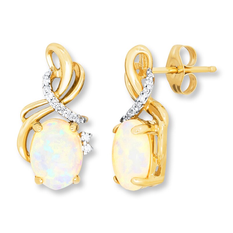 Main Image 2 of Lab-Created Opal Earrings 1/15 ct tw Diamonds 10K Yellow Gold