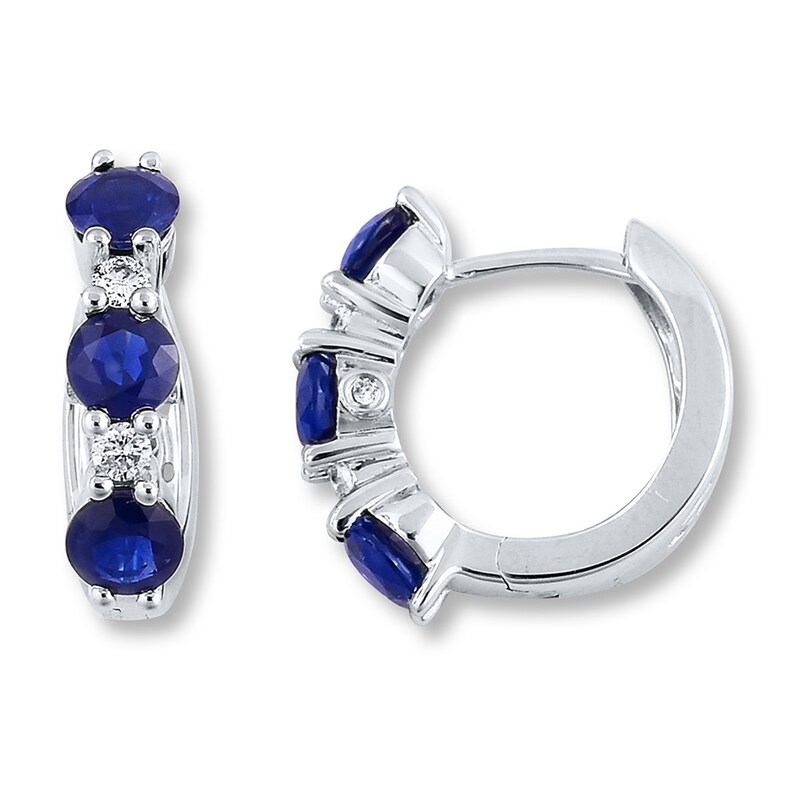 Main Image 1 of Natural Sapphire Hoop Earrings 1/8 cttw Diamonds 14K White Gold