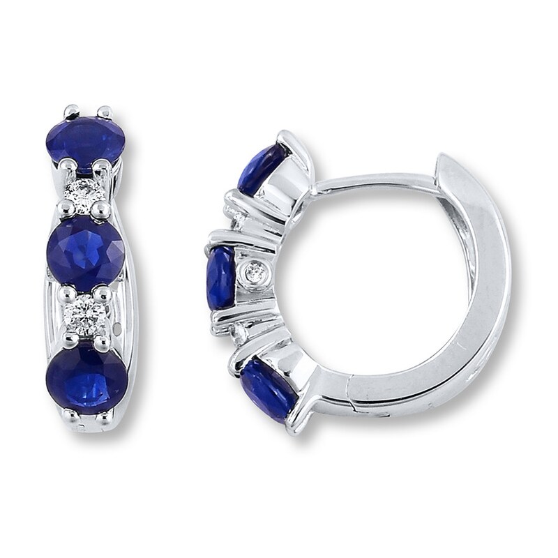 Natural Sapphire Hoop Earrings 1/8 cttw Diamonds 14K White Gold