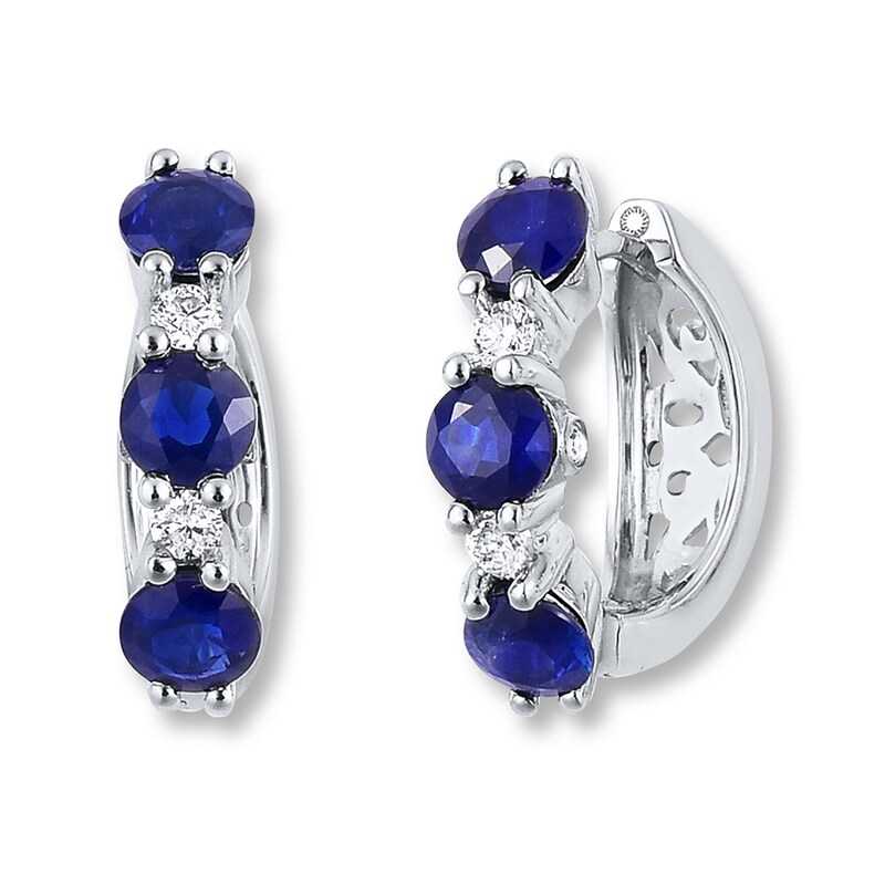 Main Image 2 of Natural Sapphire Hoop Earrings 1/8 cttw Diamonds 14K White Gold