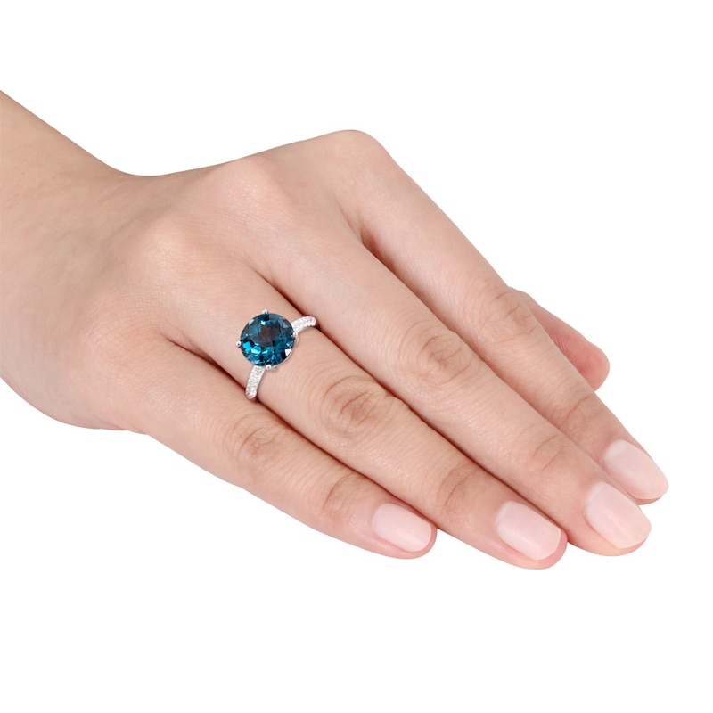 Dark Blue Topaz Ring 1/5 ct tw Diamonds 14K White Gold