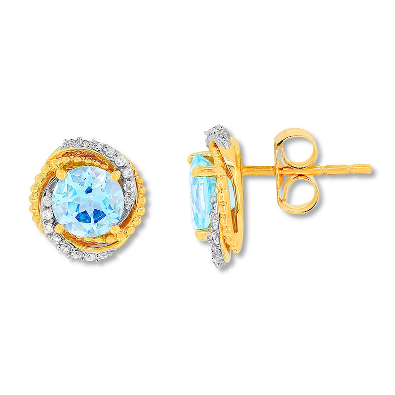 Main Image 1 of Aquamarine Earrings 1/8 ct tw Diamonds 10K Yellow Gold