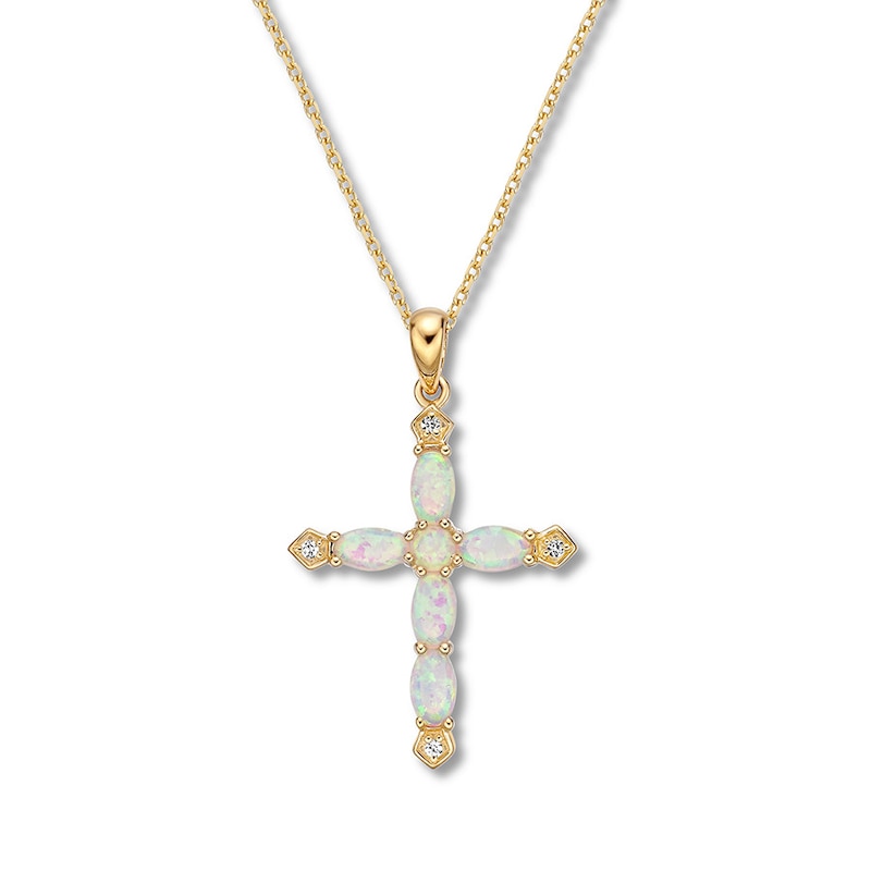 Lab-Created Opal Cross Necklace Lab-Created Sapphires 10K Yellow Gold