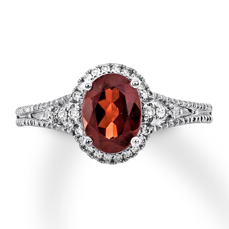 Garnet Ring 1/10 carat tw Diamonds 14K White Gold