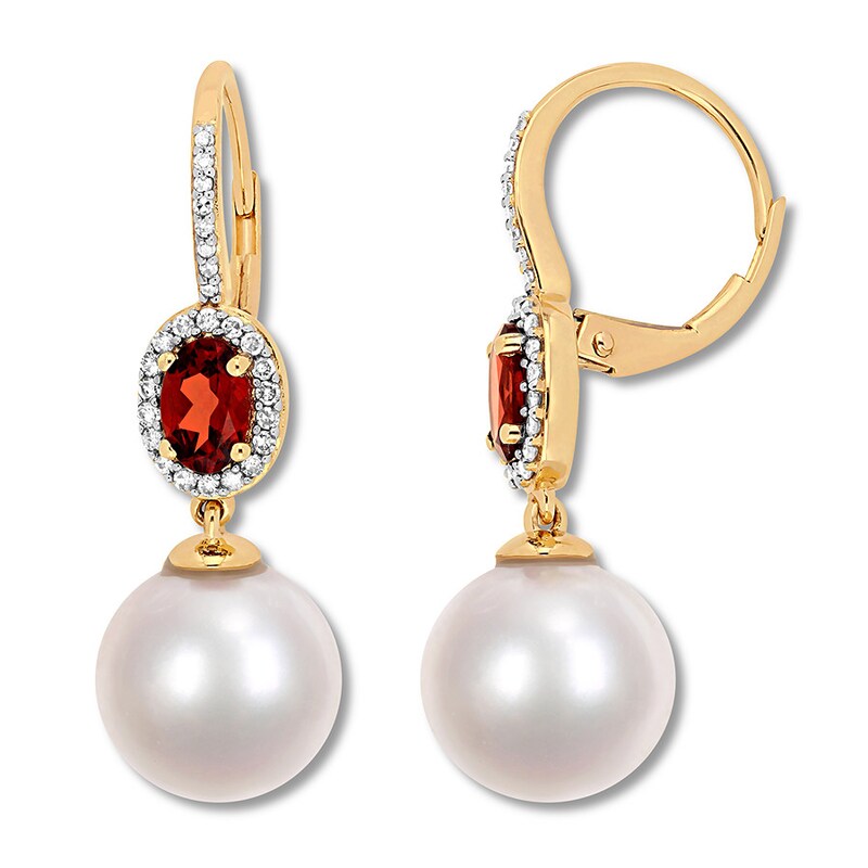 Garnet & Cultured Pearl Earrings 1/4 ct tw Diamonds 10K Yellow Gold