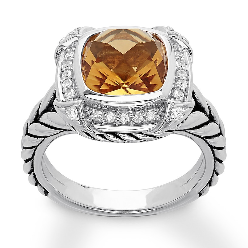 Citrine Ring 1/5 carat tw Diamonds Sterling Silver with 360