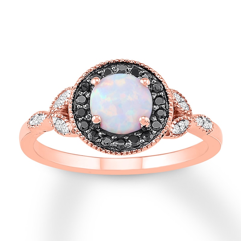 Main Image 1 of Lab-Created Opal Ring 1/8 ct tw Black & White Diamonds 10K Rose Gold