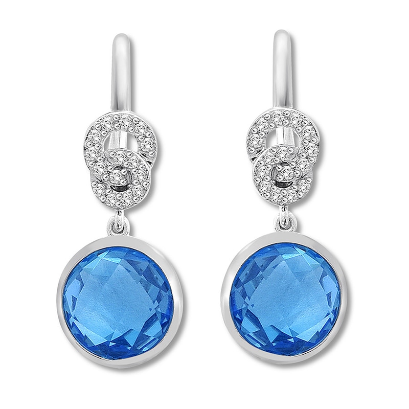 Blue Topaz Earrings 1/6 ct tw Diamonds 10K White Gold