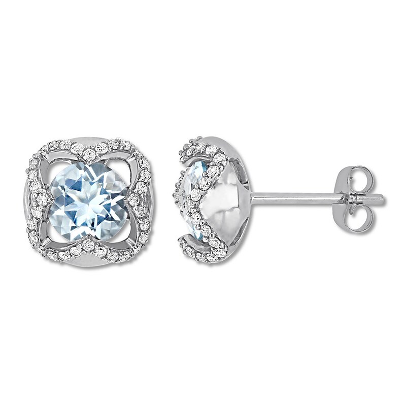 Main Image 1 of Aquamarine Earrings 1/4 ct tw Diamonds 10K White Gold