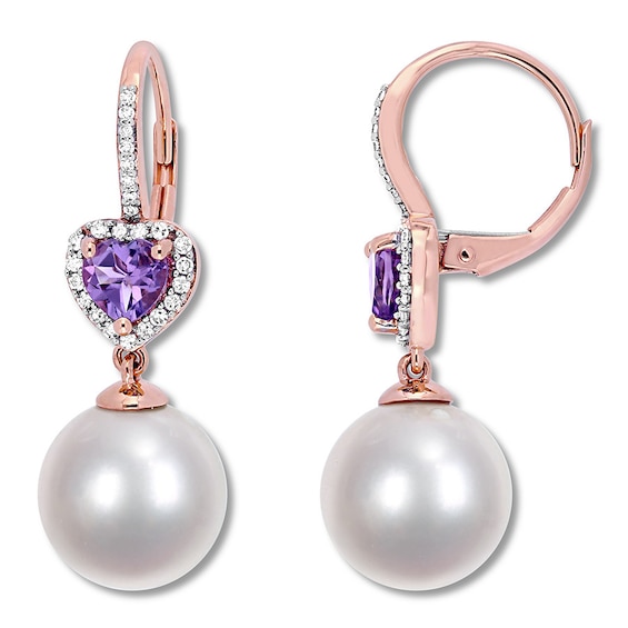 Cultured Pearl & Amethyst Earrings 1/5 ct tw Diamonds 10K Rose Gold