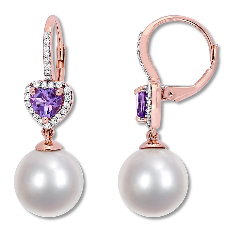 Main Image 1 of Cultured Pearl & Amethyst Earrings 1/5 ct tw Diamonds 10K Rose Gold
