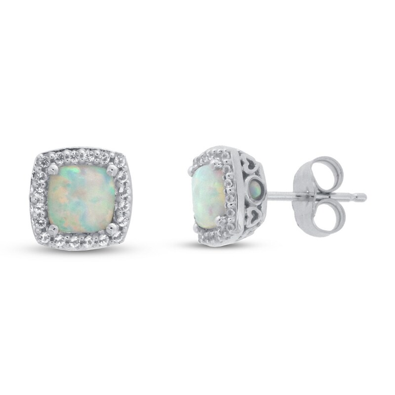 Lab-Created Opal & White Topaz Earrings 10K White Gold