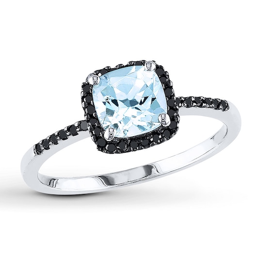 Aquamarine Ring 1/8 ct tw Black Diamonds 10K White Gold