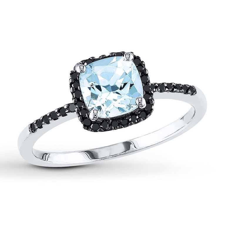 Main Image 1 of Aquamarine Ring 1/8 ct tw Black Diamonds 10K White Gold
