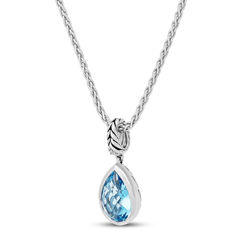 Main Image 2 of Wheat Design Pendant Necklace Swiss Blue Topaz/Diamond Accents Sterling Silver